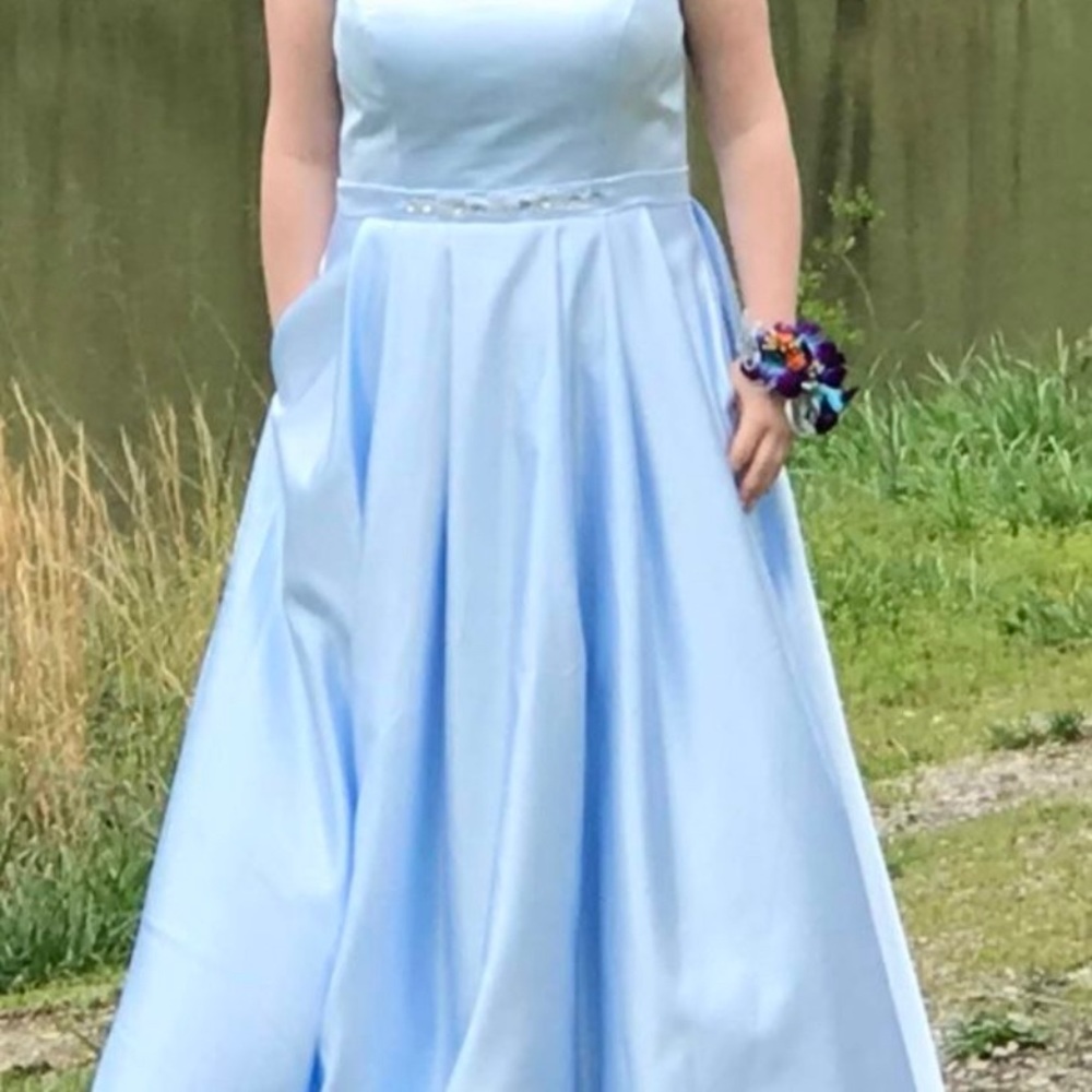 Baby blue satin prom dress